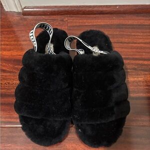 UGG Black Fluffy Slippers Size 8